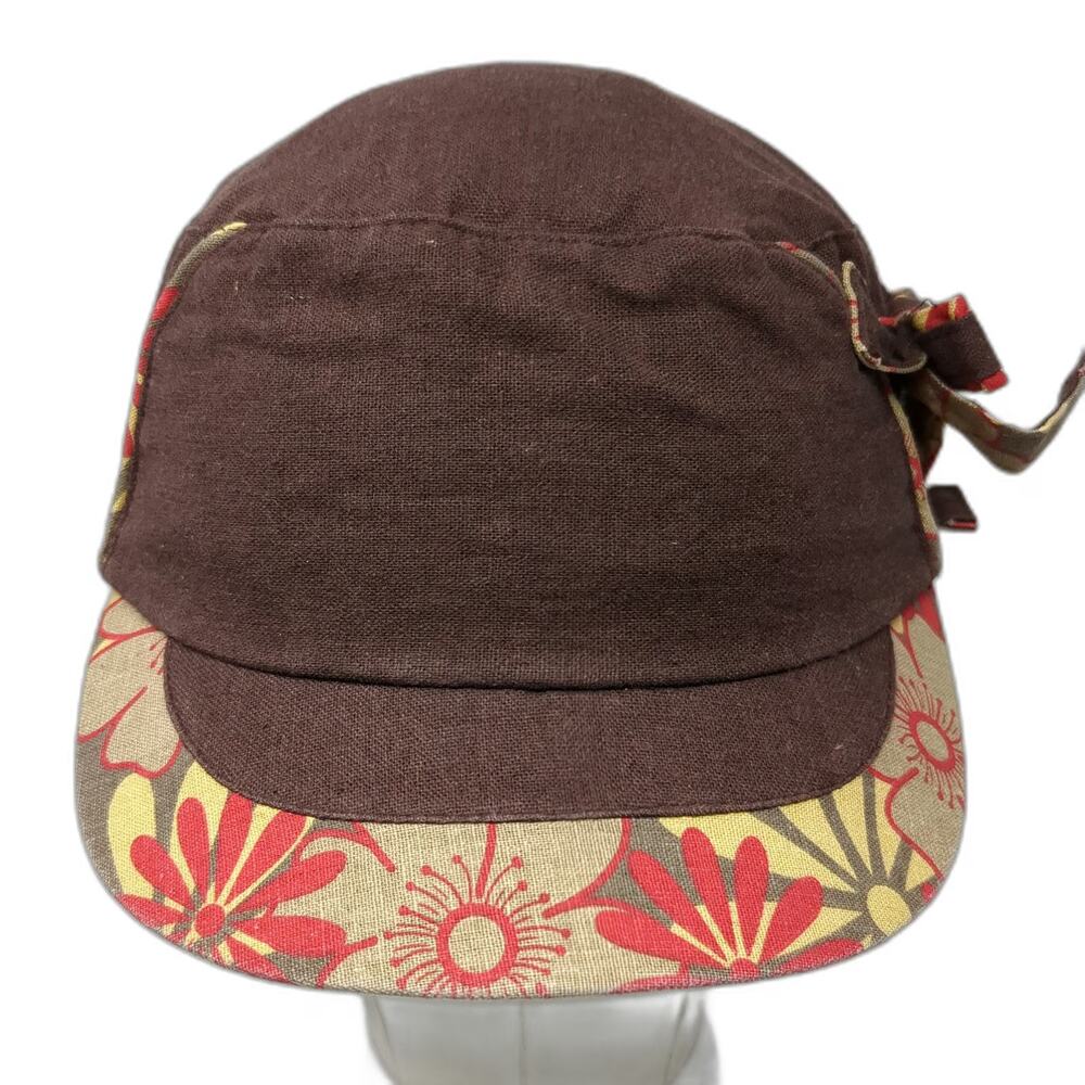 Grace Army Cap Brown One Size Floral Patterned Brim Side Bow Linen Rayon Hat